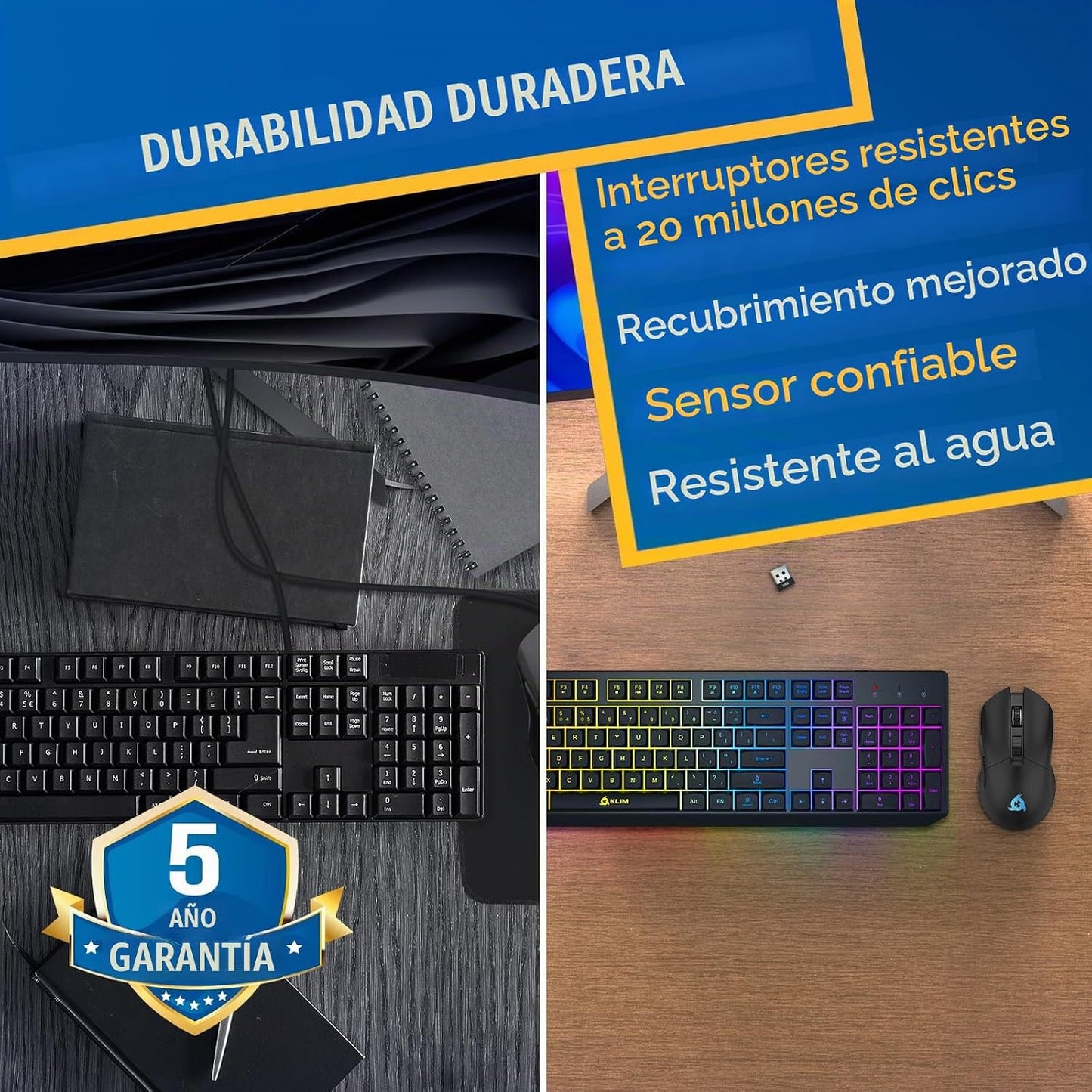 KLIM Teclado y mouse inalámbricos Chroma - Combo de juegos con retr...