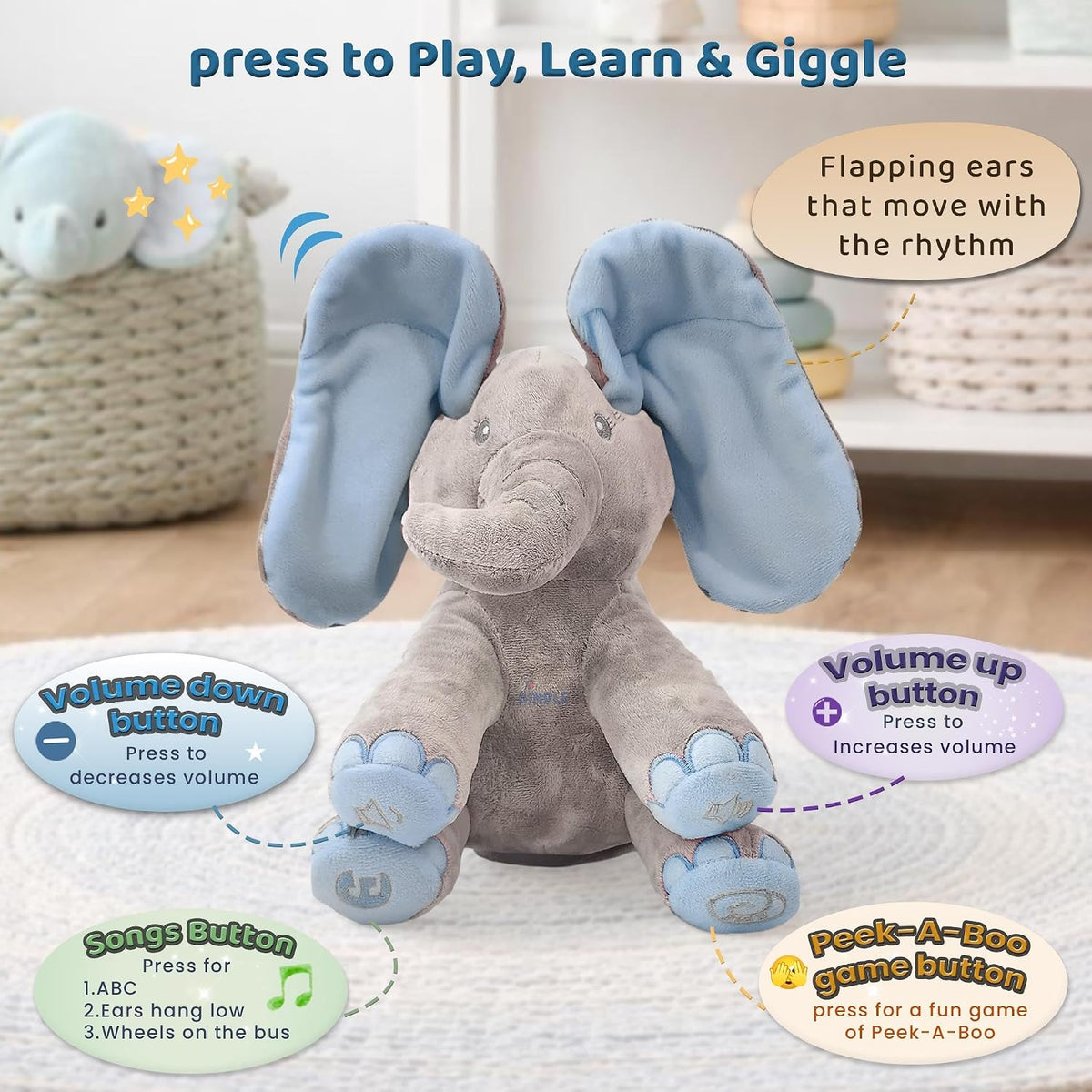 Dimple Kyle Peek A Boo Juguete de Elefante, Elefante de Peluche Int...