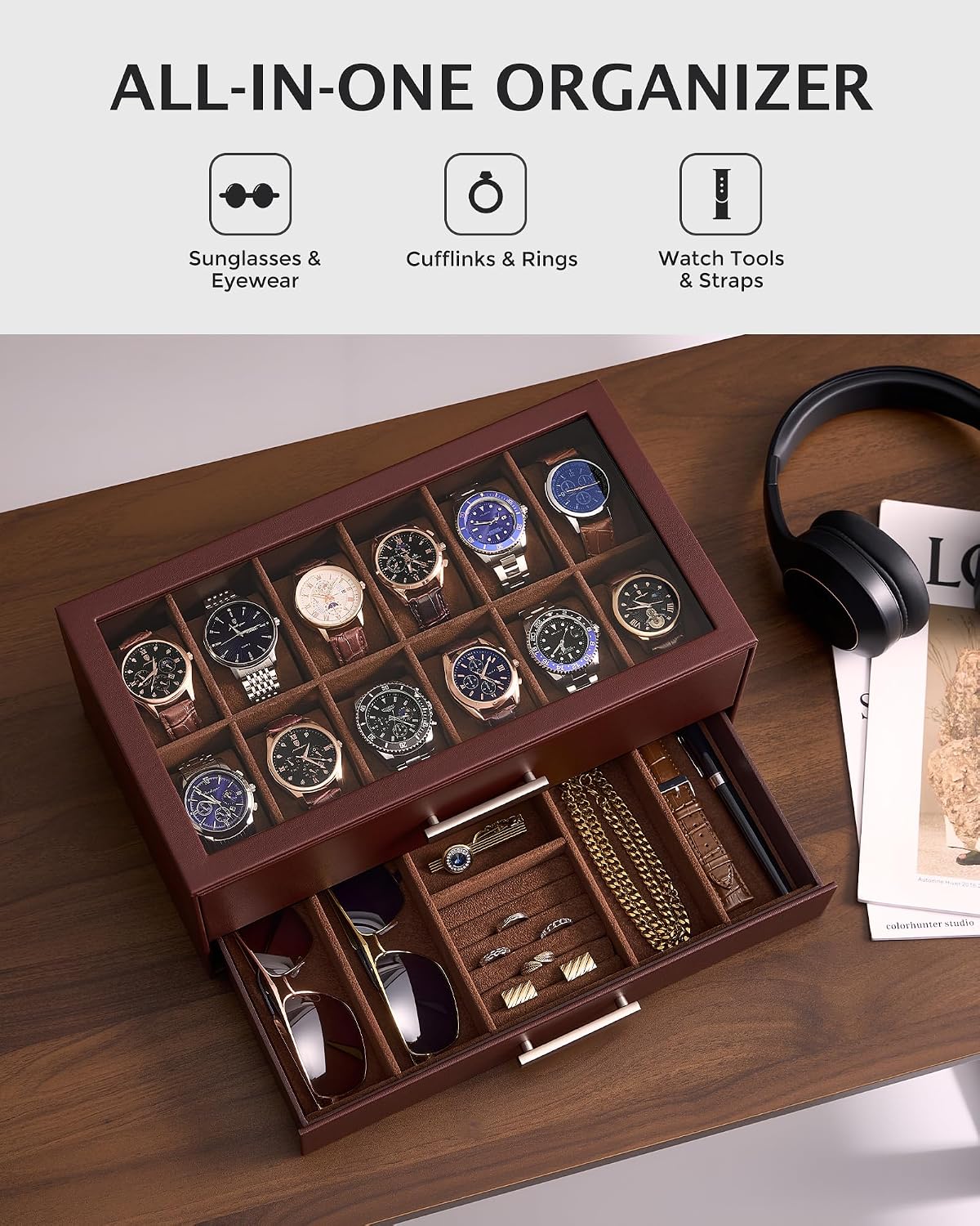 ProCase Caja de reloj de 12 ranuras para hombre, caja de cajones ex...