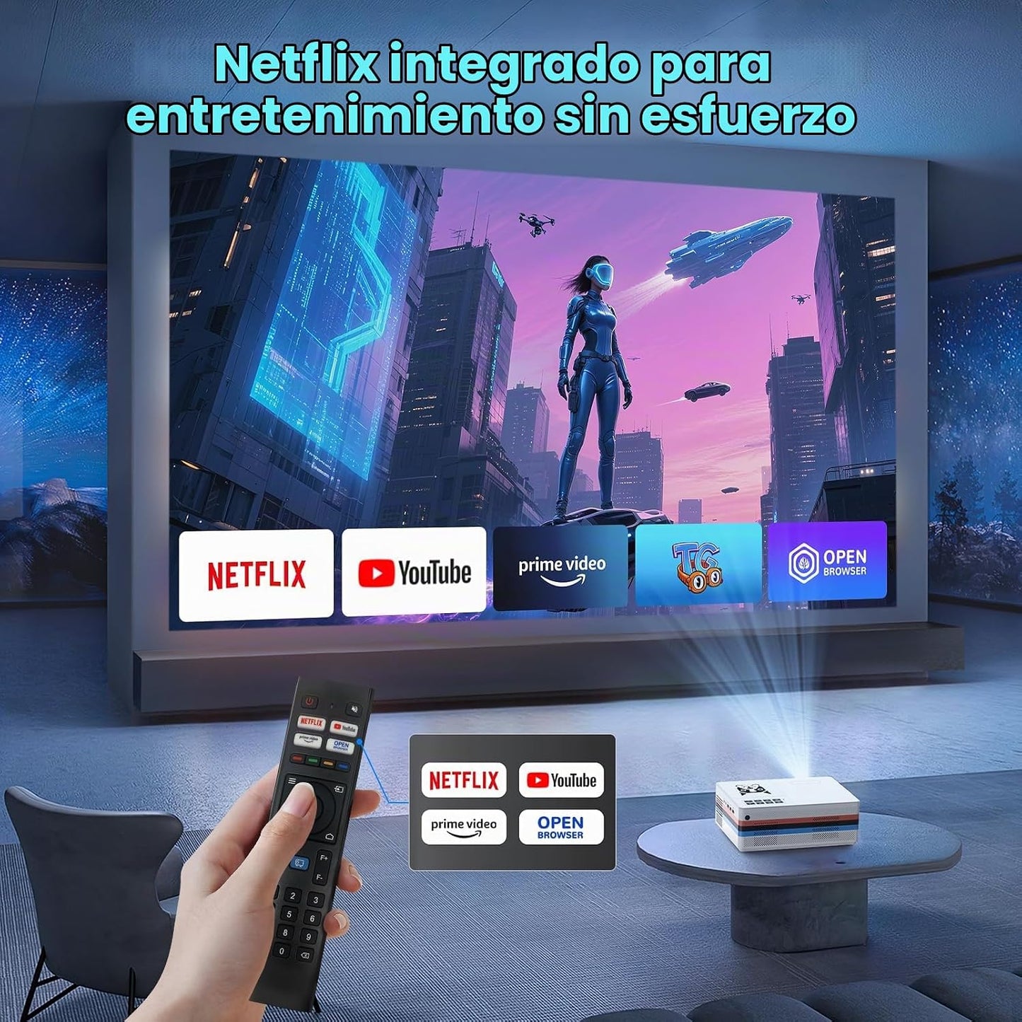 FUDONI Proyector inteligente, compatible con Netflix, soporte 4K, W...