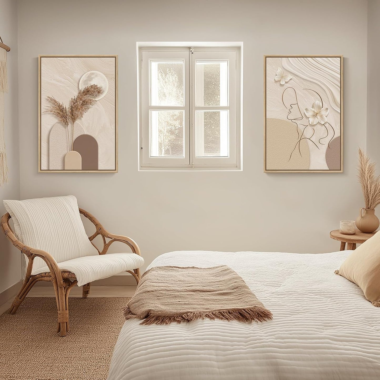 Arte de pared abstracto neutro con marco grande para sala de estar,...