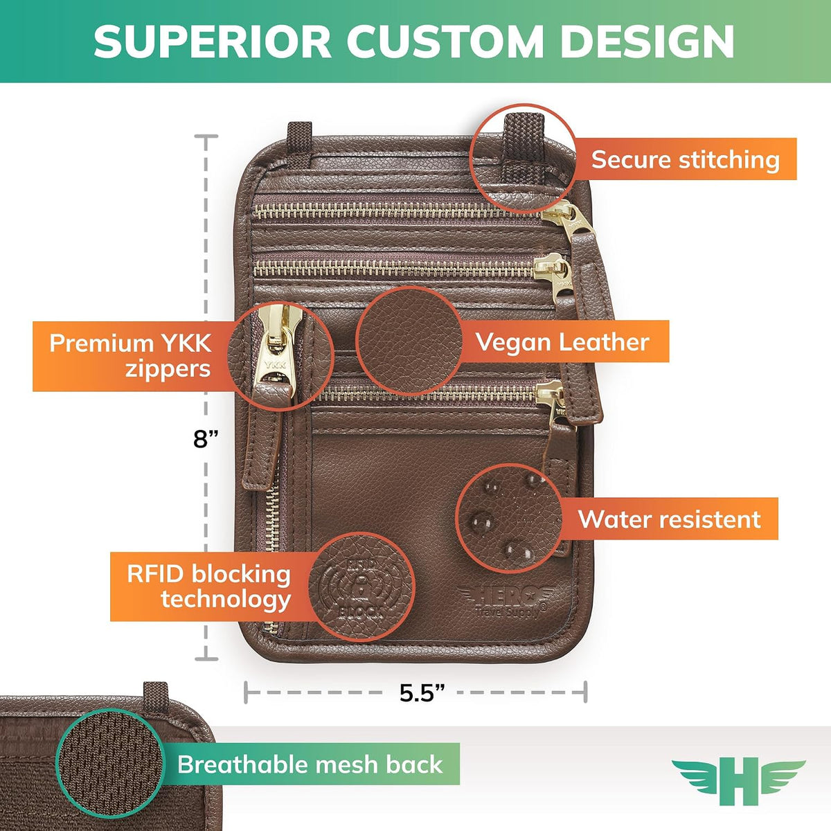 HERO - Cartera para el cuello - Soporte para pasaporte con bloqueo...