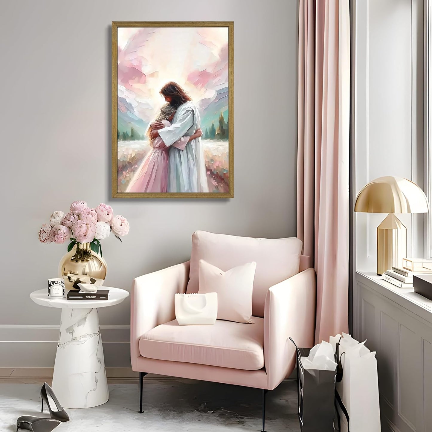 Arte de pared de Jesús rosa, lienzo cristiano para decoración de pa...