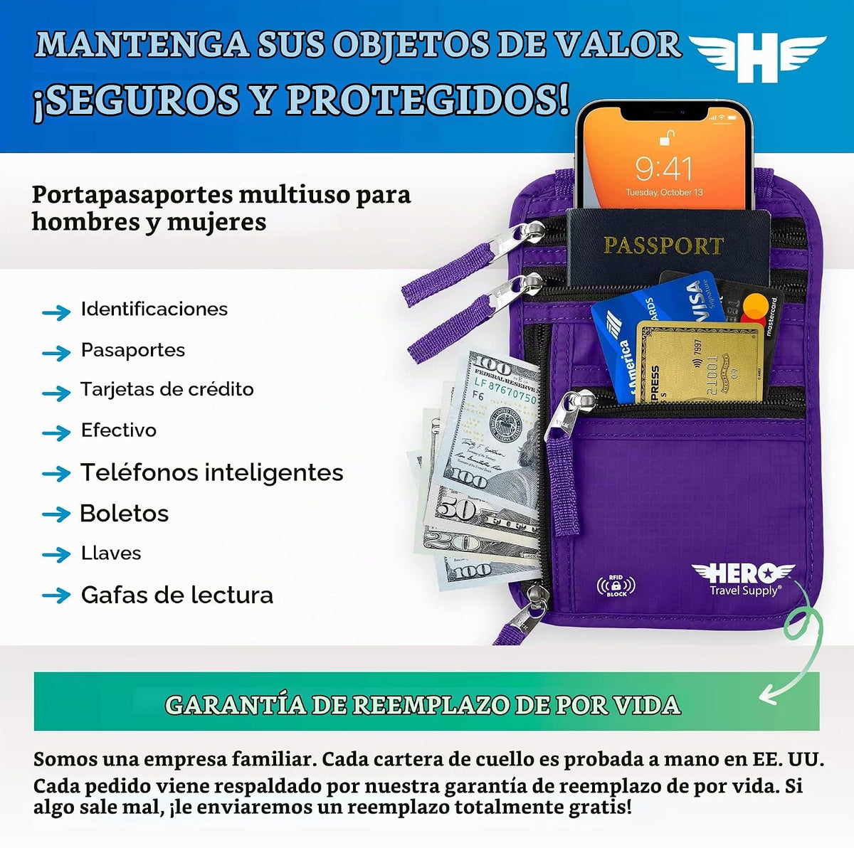 Cartera de Cuello HERO \u2013 Portapasaportes con Bloqueo RFID \u20...