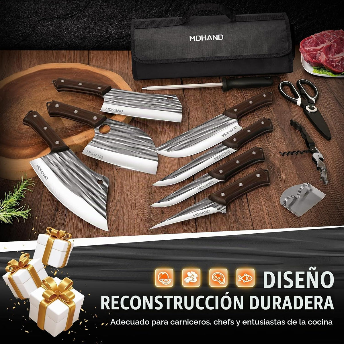 MDHAND 14 piezas de juego de cuchillos de carnicero profesional con...