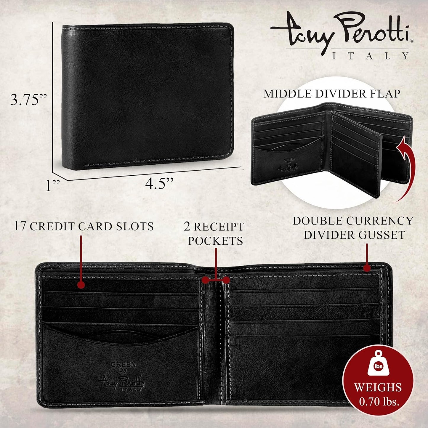 Tony Perotti Billetera plegable de cuero italiano para hombre con t...
