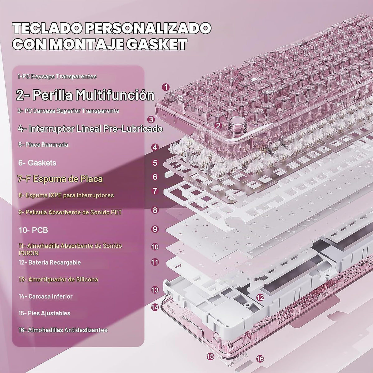 YUNZII X98 QMK\/VIA Teclado Mecánico Inalámbrico para Juegos con Pe...