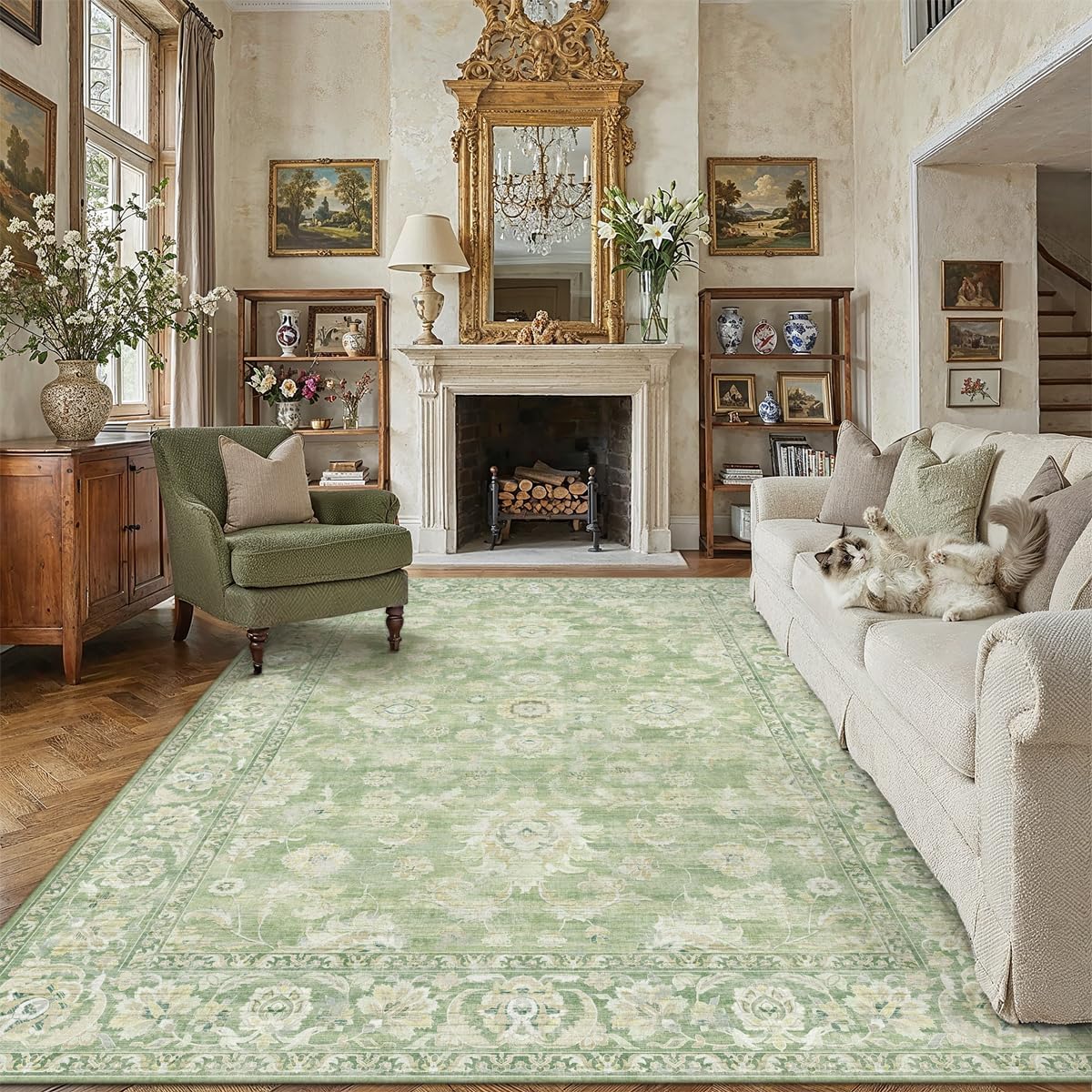 WondRg Alfombra verde lavable de 8 x 10 pies para sala de estar, do...