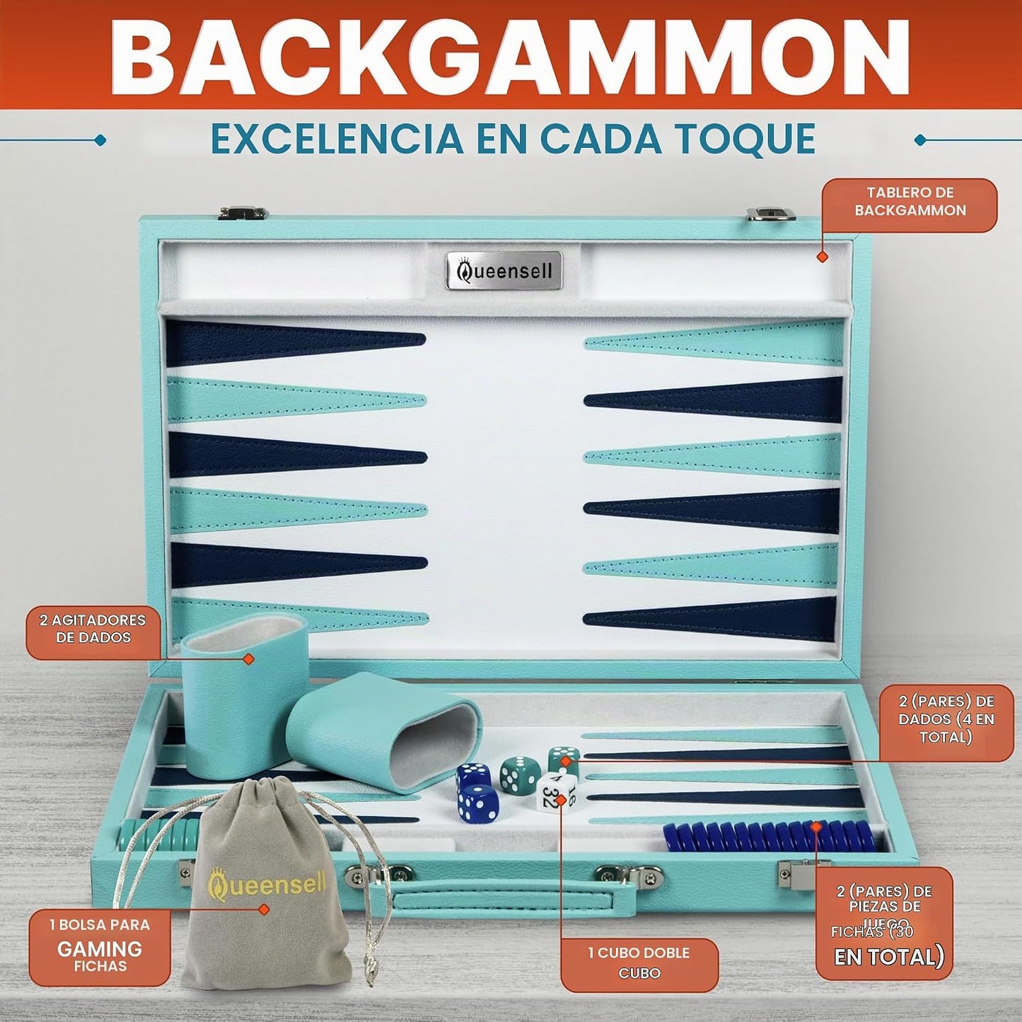 Juego de backgammon grande turquesa para adultos, juego de mesa clá...