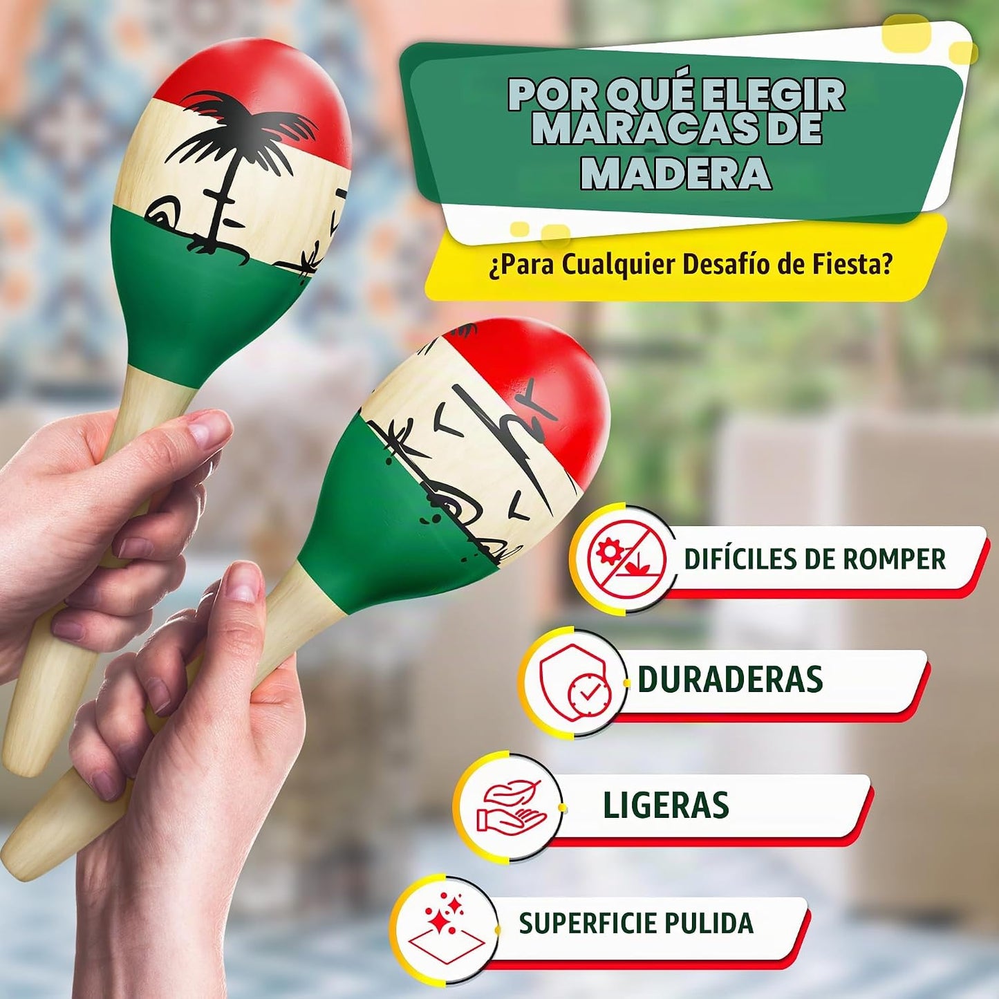 2 Maracas mexicanas para niños y adultos, 9.6 pulgadas, construcció...