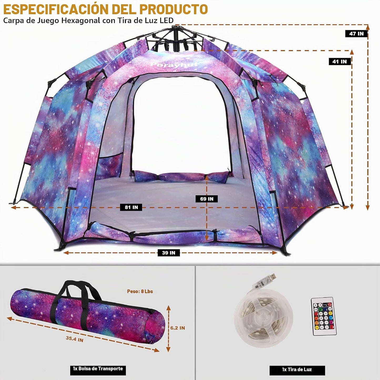 Tienda de campaña hexagonal portátil para niños con tira de luces L...