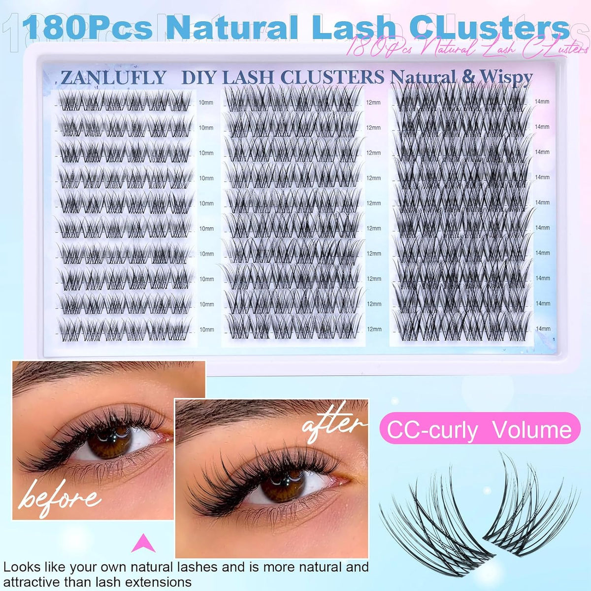 Extensiones de pestañas en racimo, pestañas individuales onduladas,...