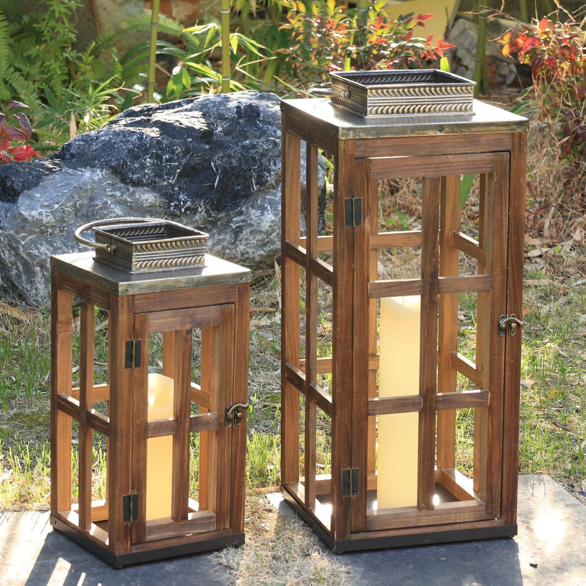 DECORKEY Juego de 2 faroles de metal de madera grandes de granja, 2...
