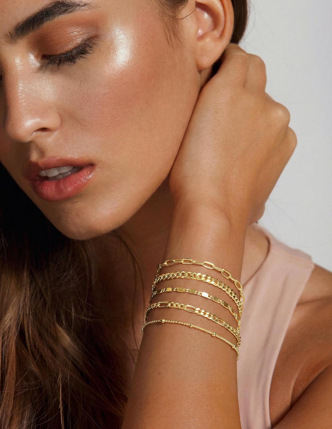 Gokeey Juego de pulseras de oro para mujer, no se deslustran, moder...