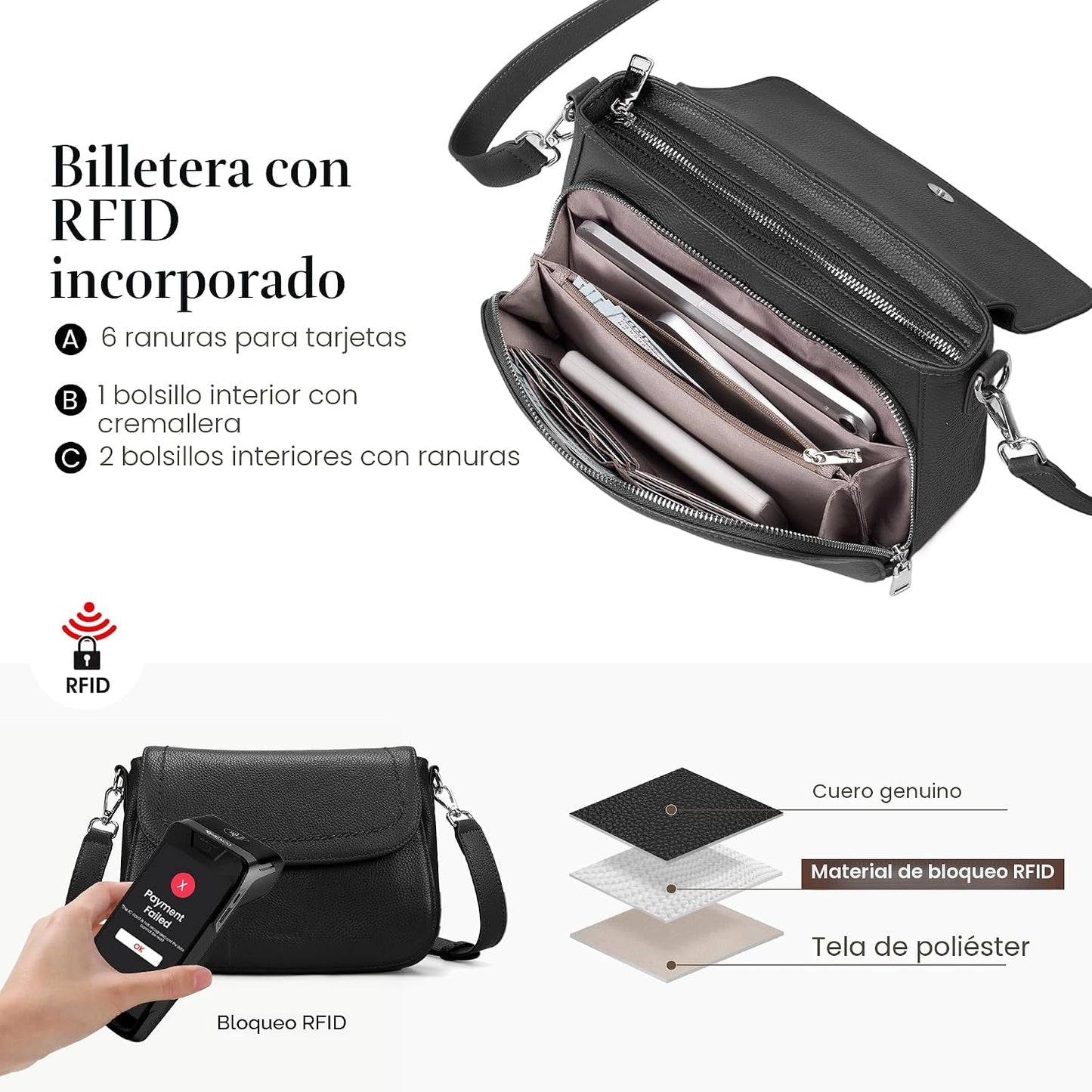 befen Bolsos cruzados de cuero genuino para mujer con cartera RFID...