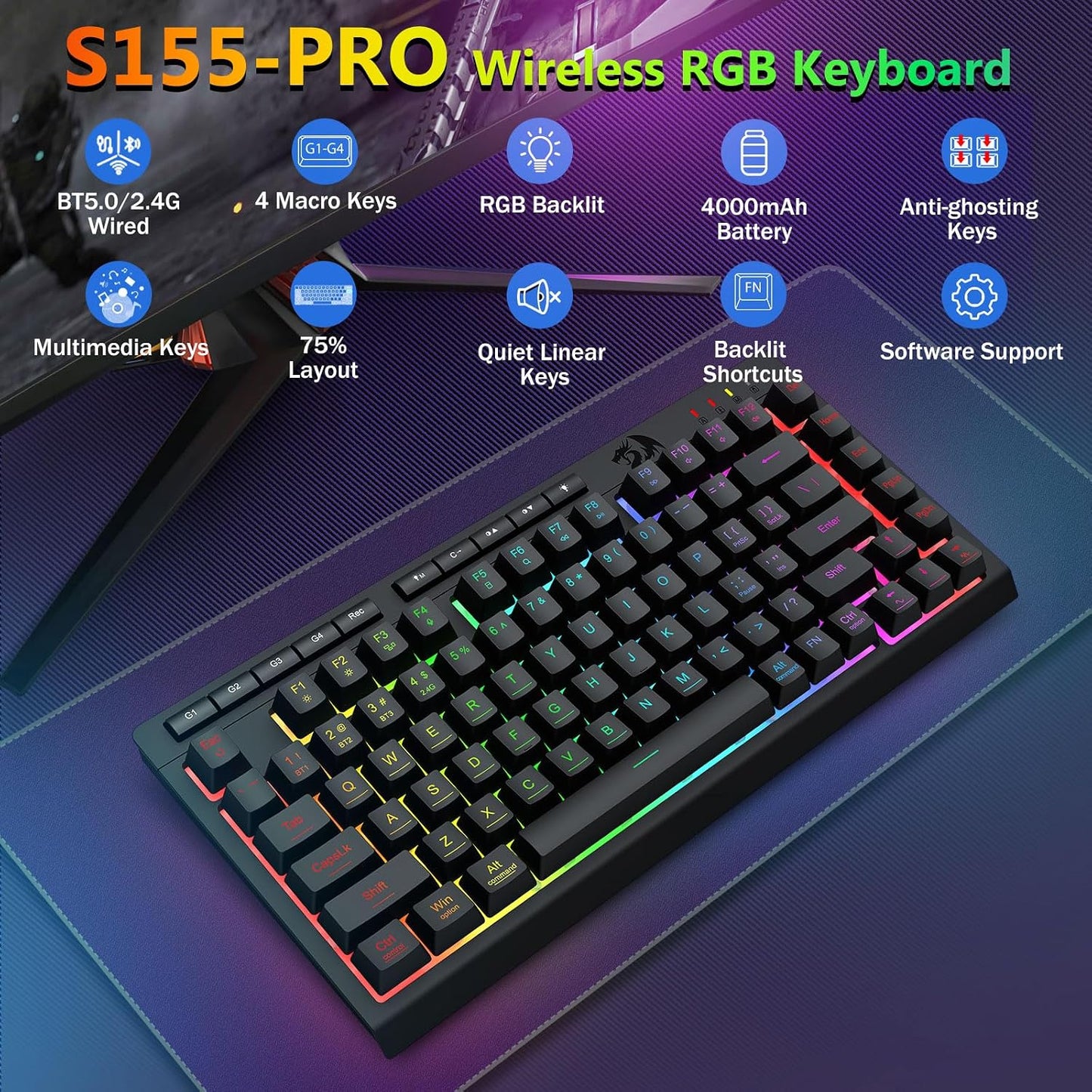 Redragon Combo de teclado y mouse inalámbricos para juegos, Bluetoo...