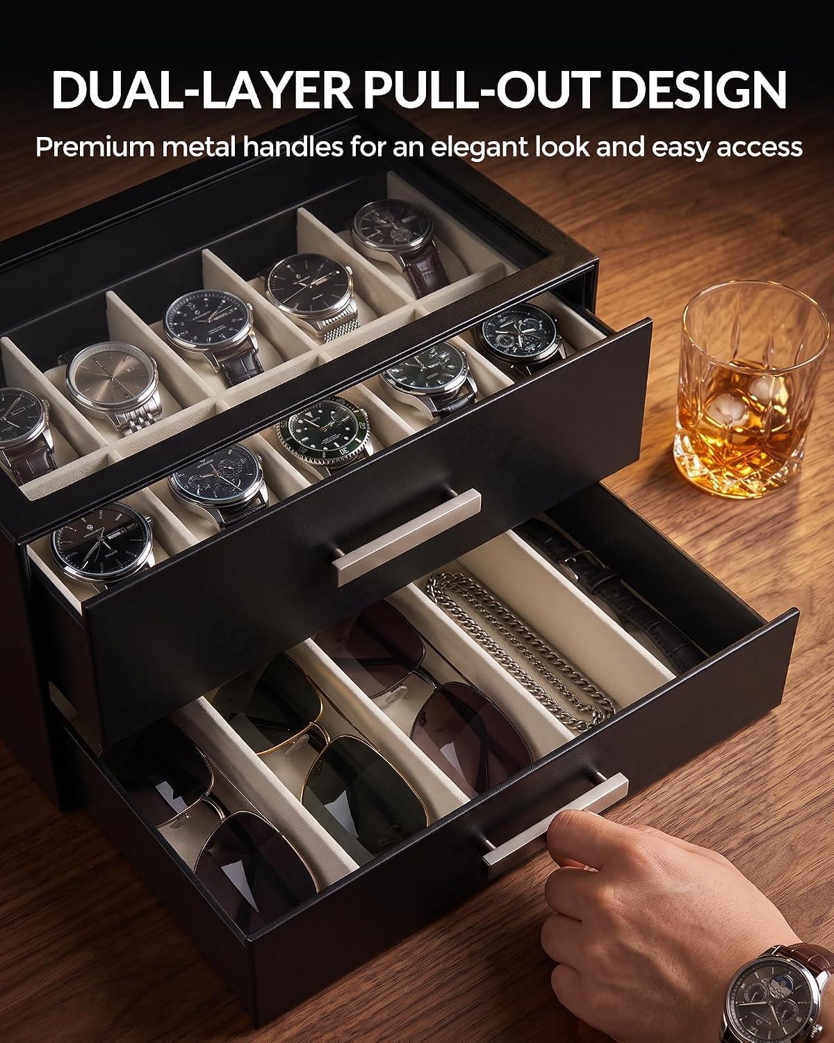 ProCase Caja de reloj de 10 ranuras para hombre, caja de gafas de s...