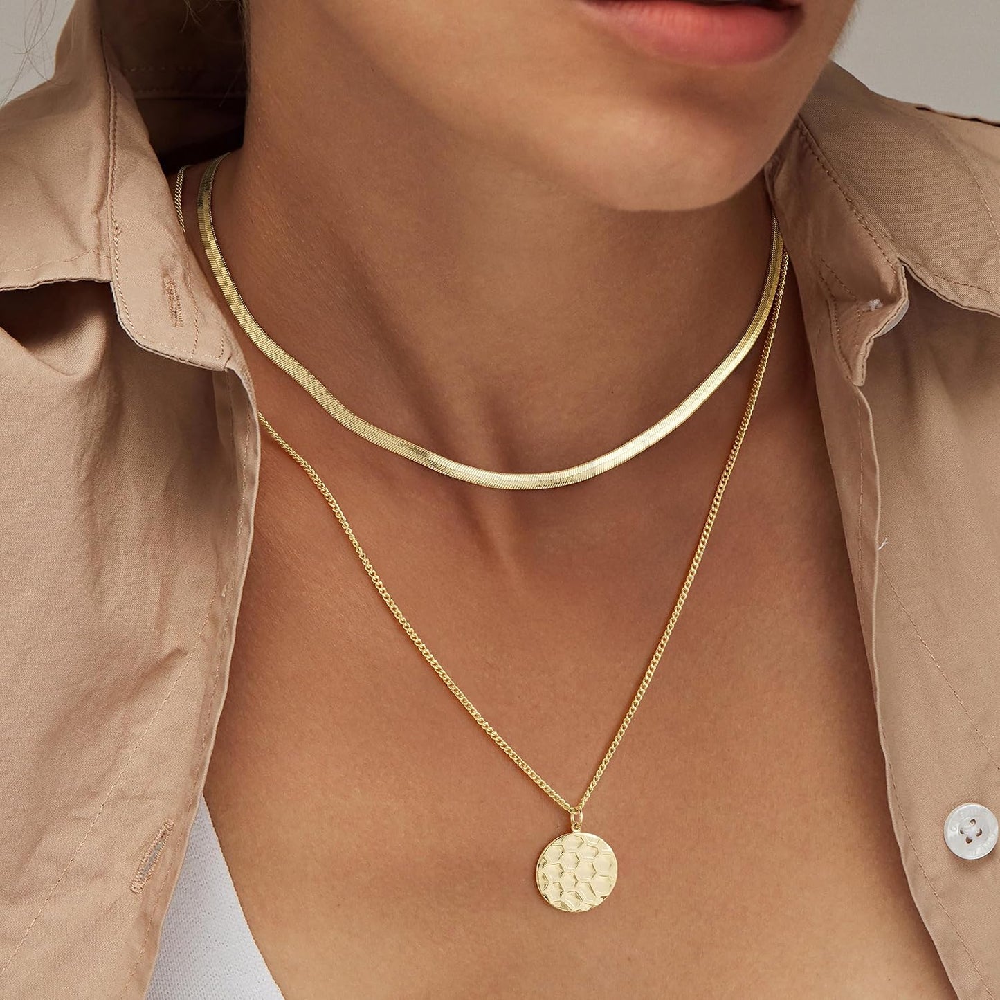 Turandoss Collares en capas para mujer, chapados en oro de 14 quila...