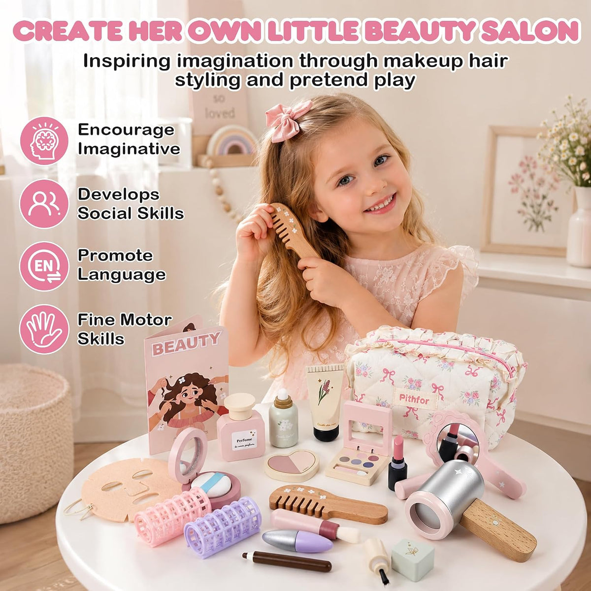 Pithfor Kit de maquillaje de madera para niños pequeños de 3, 4, 5,...