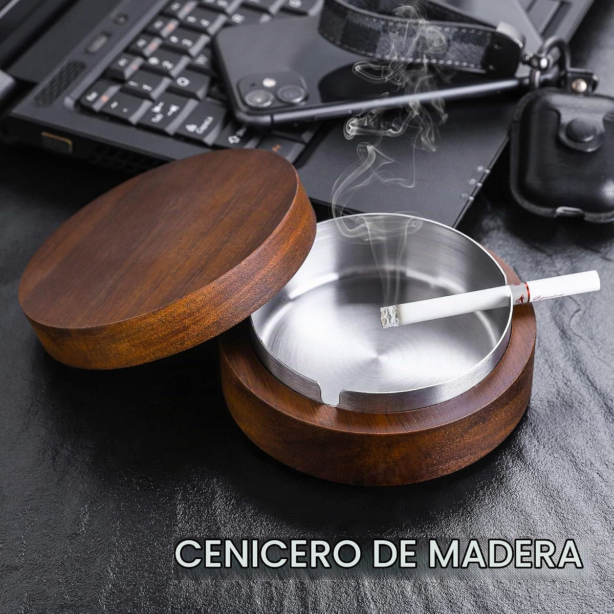 Cenicero de madera con tapa para fumadores, forro de acero inoxidab...