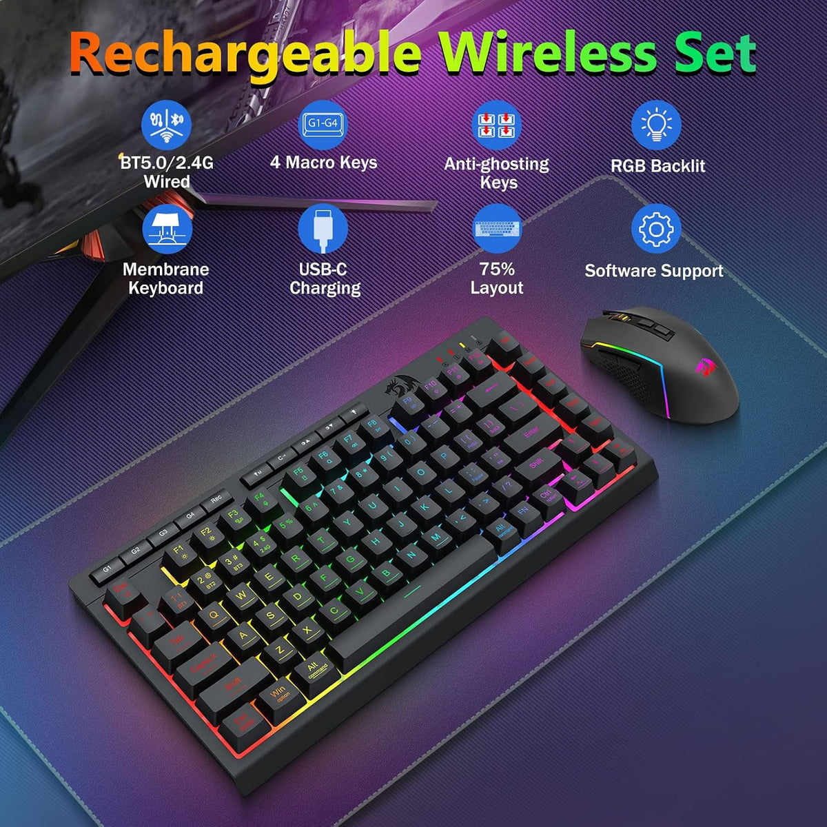 Redragon Combo de teclado y mouse inalámbricos para juegos, Bluetoo...