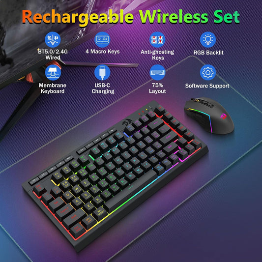 Redragon Combo de teclado y mouse inalámbricos para juegos, Bluetoo...