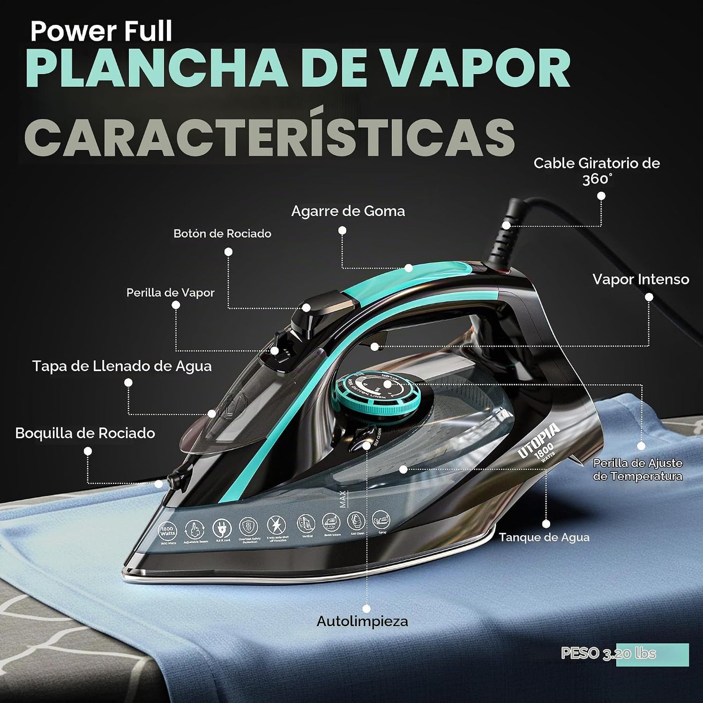 Utopia Home Plancha de vapor para ropa, suela antiadherente, planch...