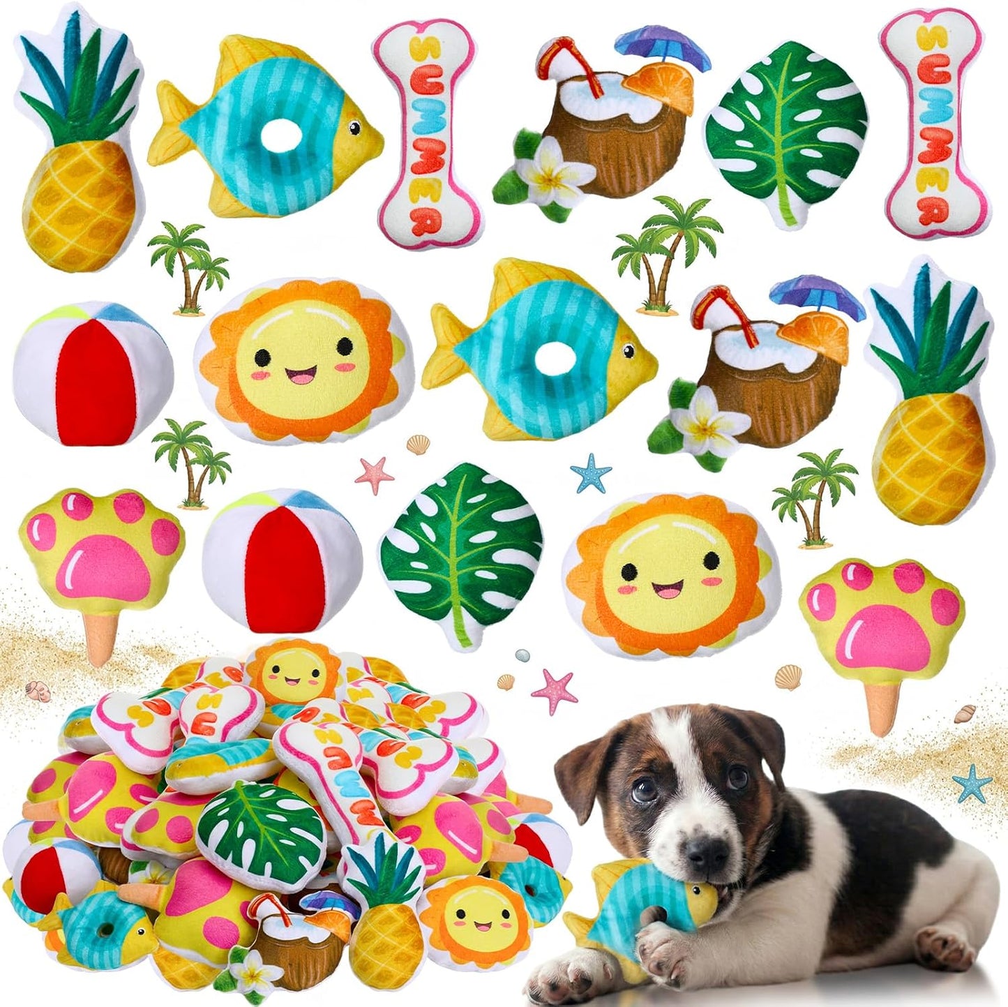 Soulchen Juego de 80 juguetes de verano para perros, juguetes chirr...
