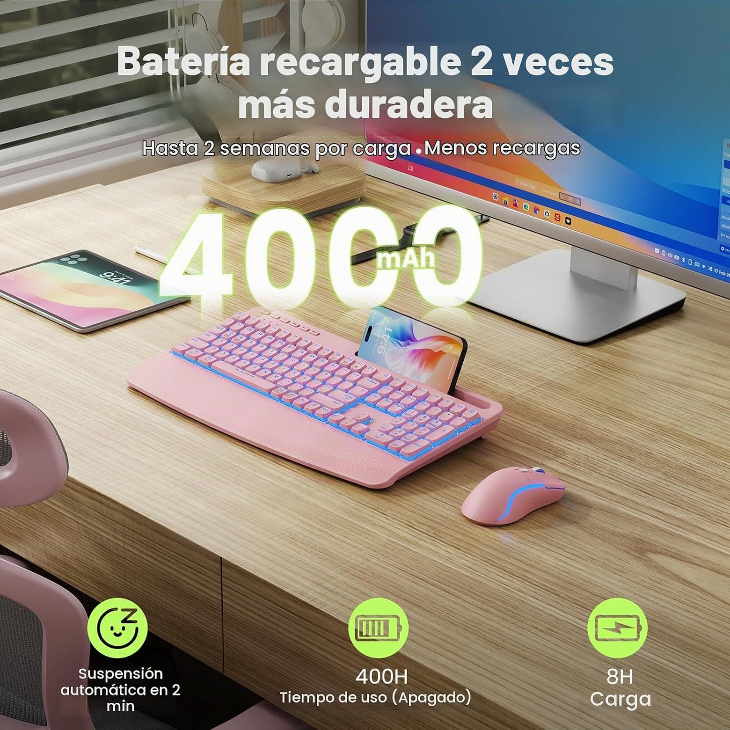 Combo inalámbrico de teclado y ratón rosa, conjunto de teclado y ra...