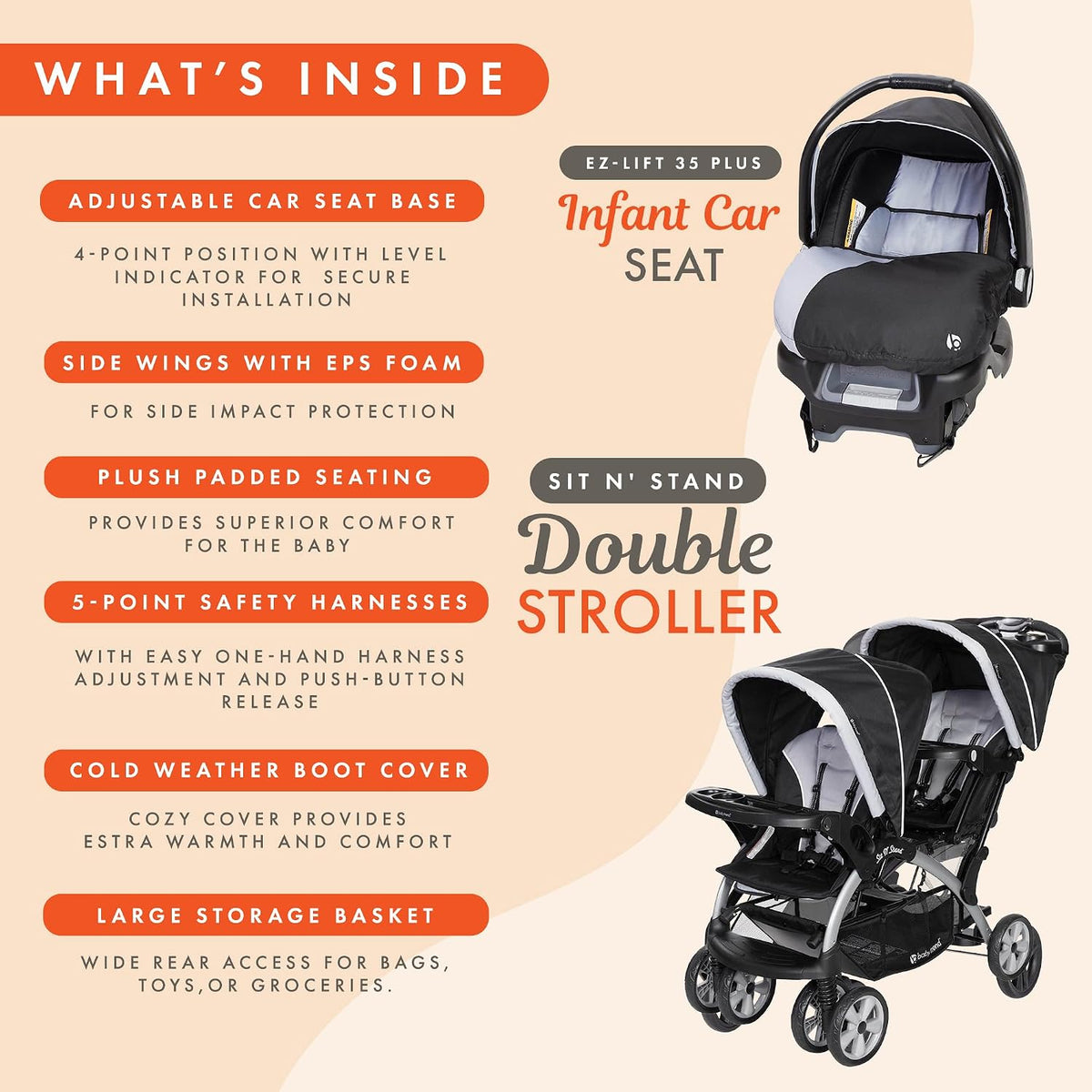 Baby Trend Cochecito doble para bebés y niños pequeños y 2 asientos...