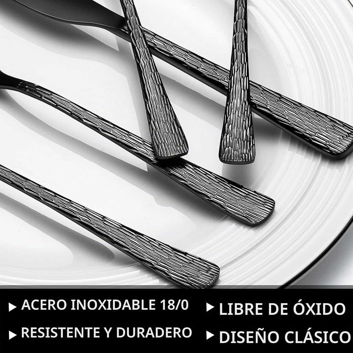 Juego de cubiertos negros de 49 piezas con organizador, juego de cu...