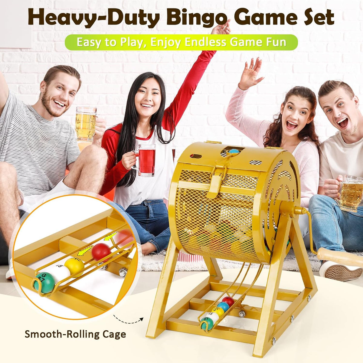 Flenpptly Juego de bingo con jaula, tablero, 50 tarjetas, 75 bolas,...