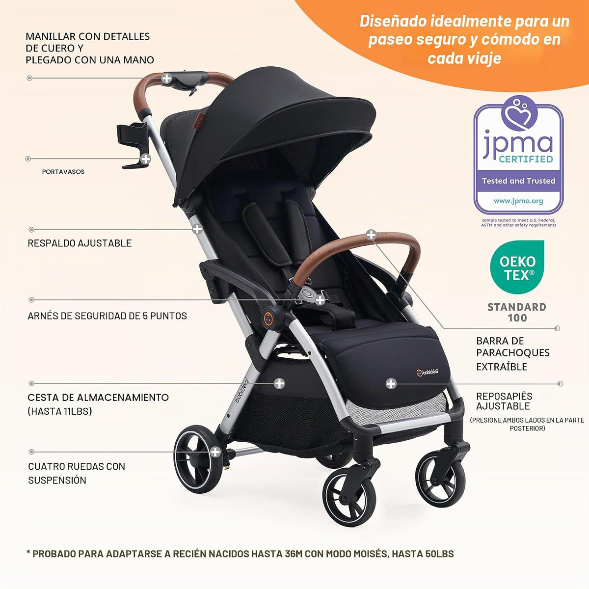 Babideal Cochecito de viaje ligero para bebé, cochecito auto plegab...