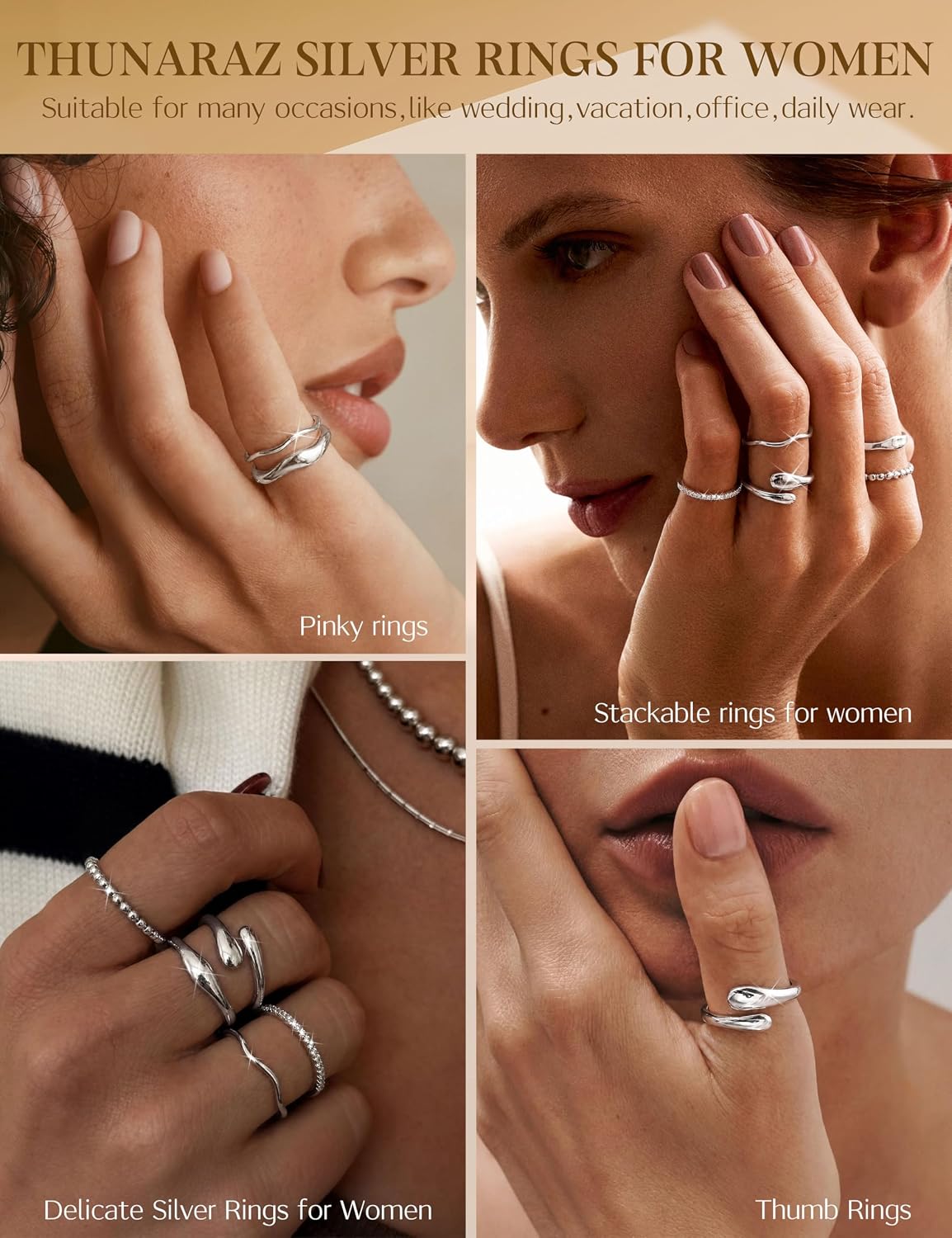 THUNARAZ Anillos chapados en oro de 14 quilates para mujer, no se d...