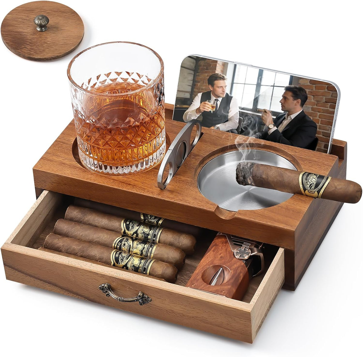 Joyoldelf Cenicero de cigarros con soporte para vidrio de whisky \u...