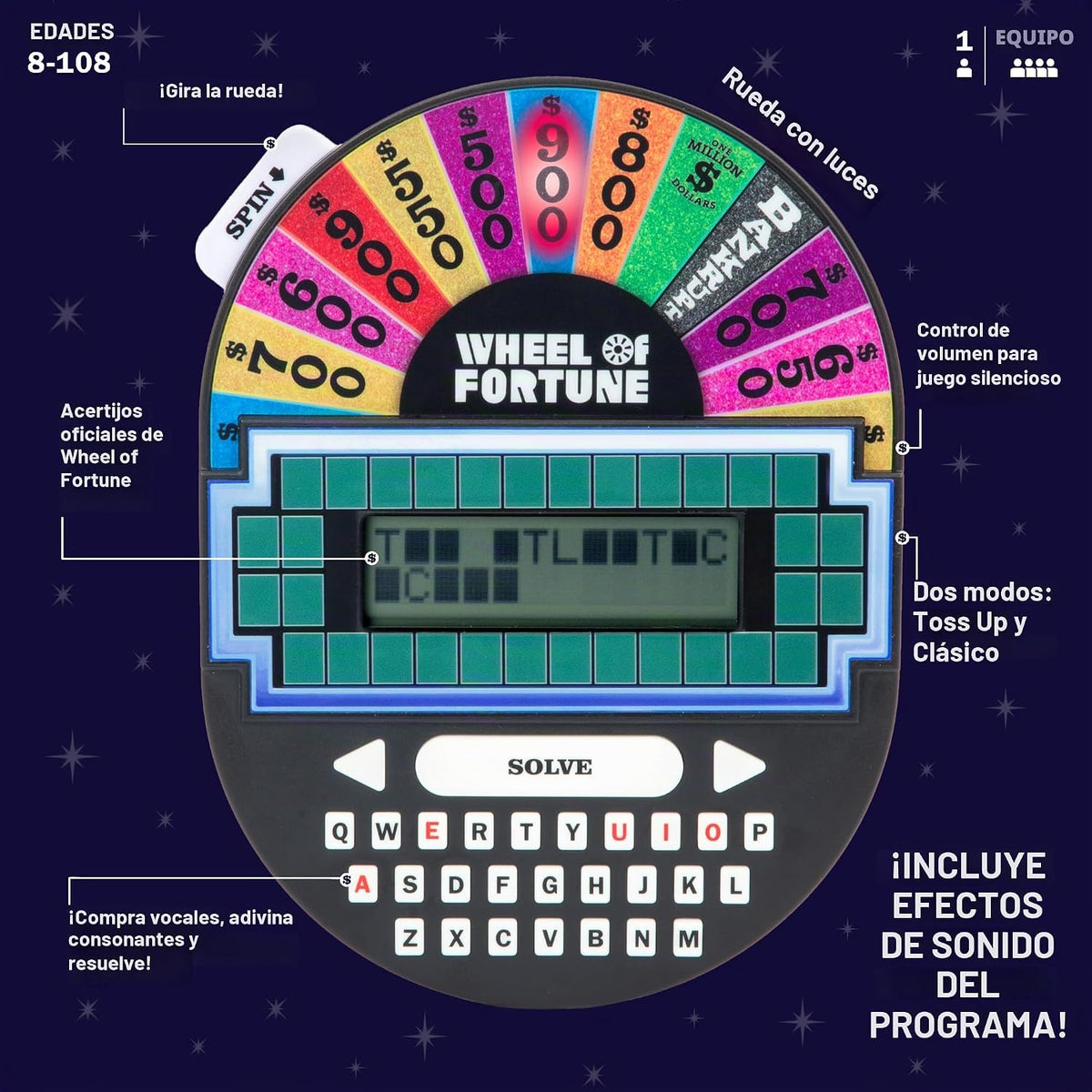 Educational Insights Wheel of Fortune - Juego electrónico de mano,...