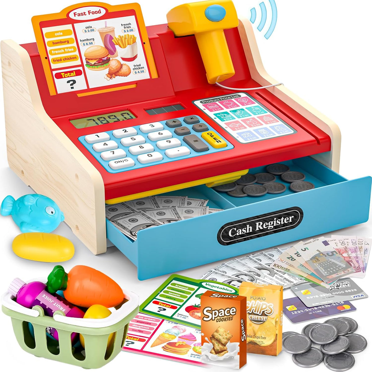 Caja registradora de juguete de madera para niños, juguetes de made...