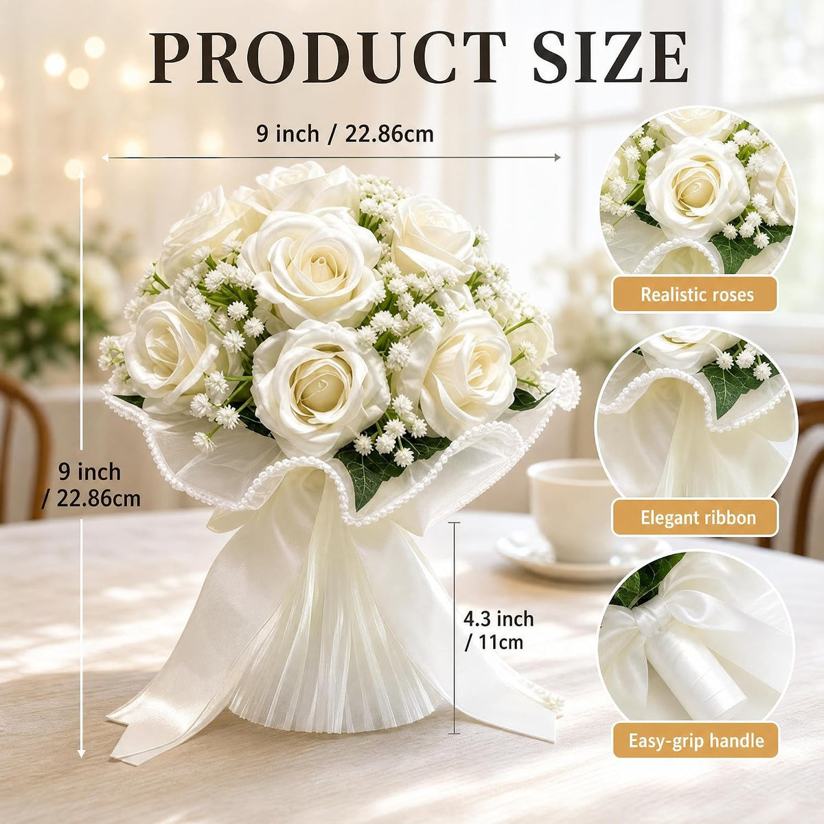 LYGIV Ramo de boda de 16 rosas artificiales de color blanco marfil...