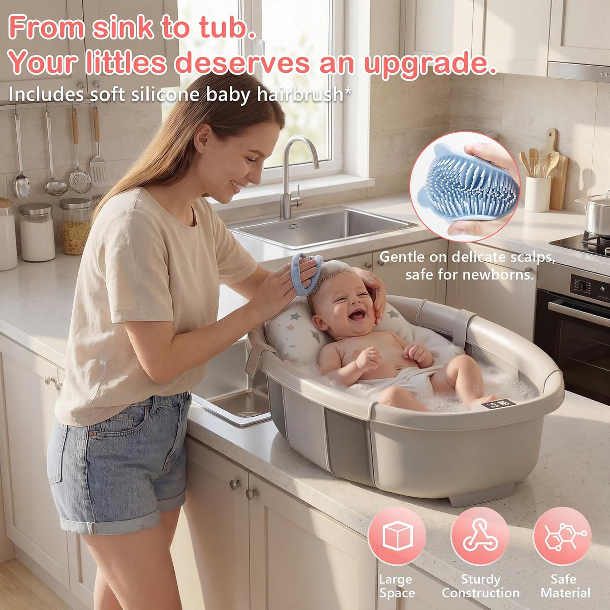 Bañera plegable para bebé, bañera grande con termómetro | Bañera es...