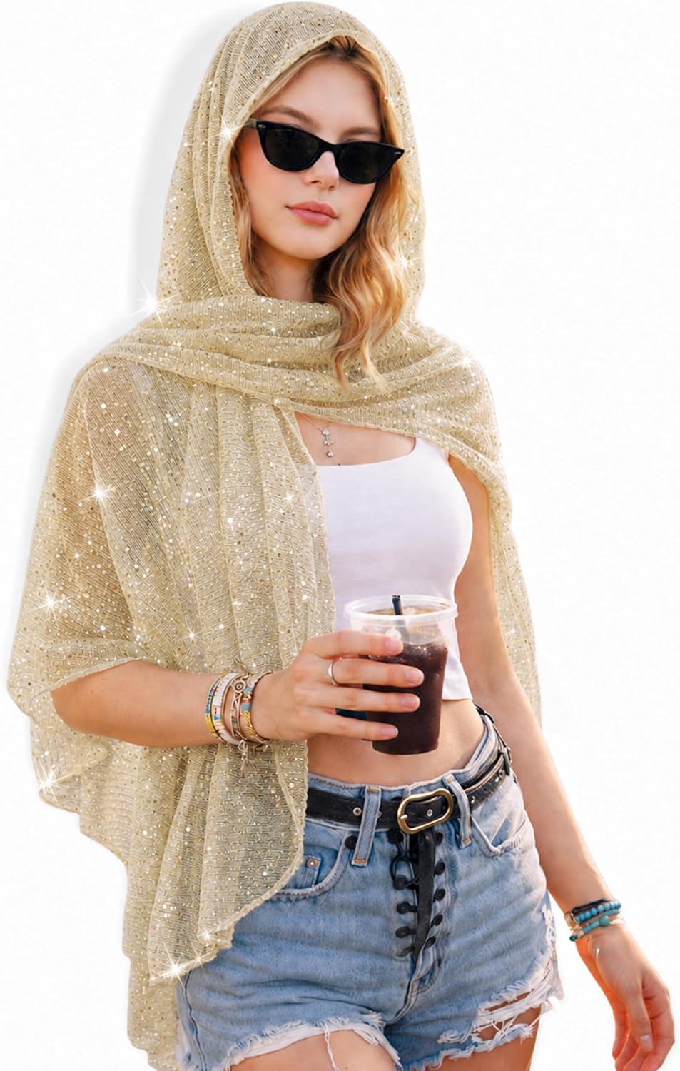 JENSVOIR Chal transparente brillante para mujer, bufanda de lenteju...
