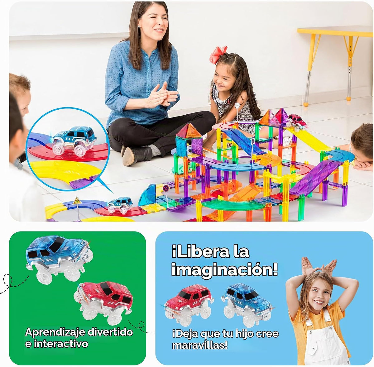 PicassoTiles Juego de 2 autos magnéticos de juguete altamente detal...