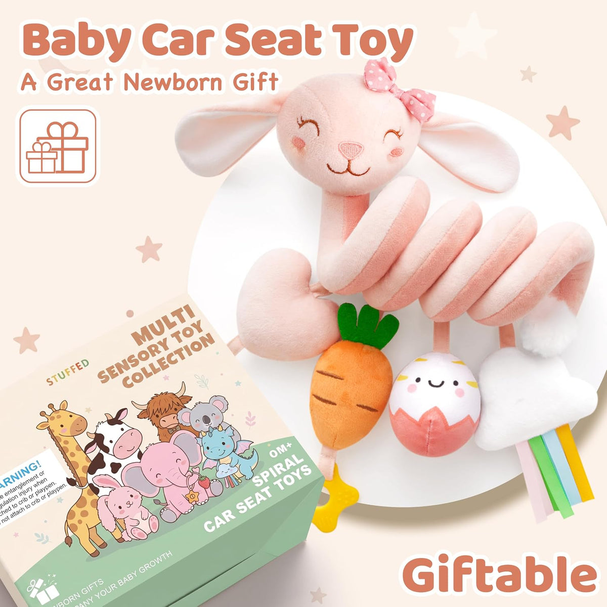 Stuffed Pink Bunny - Juguetes de asiento de coche en espiral para n...