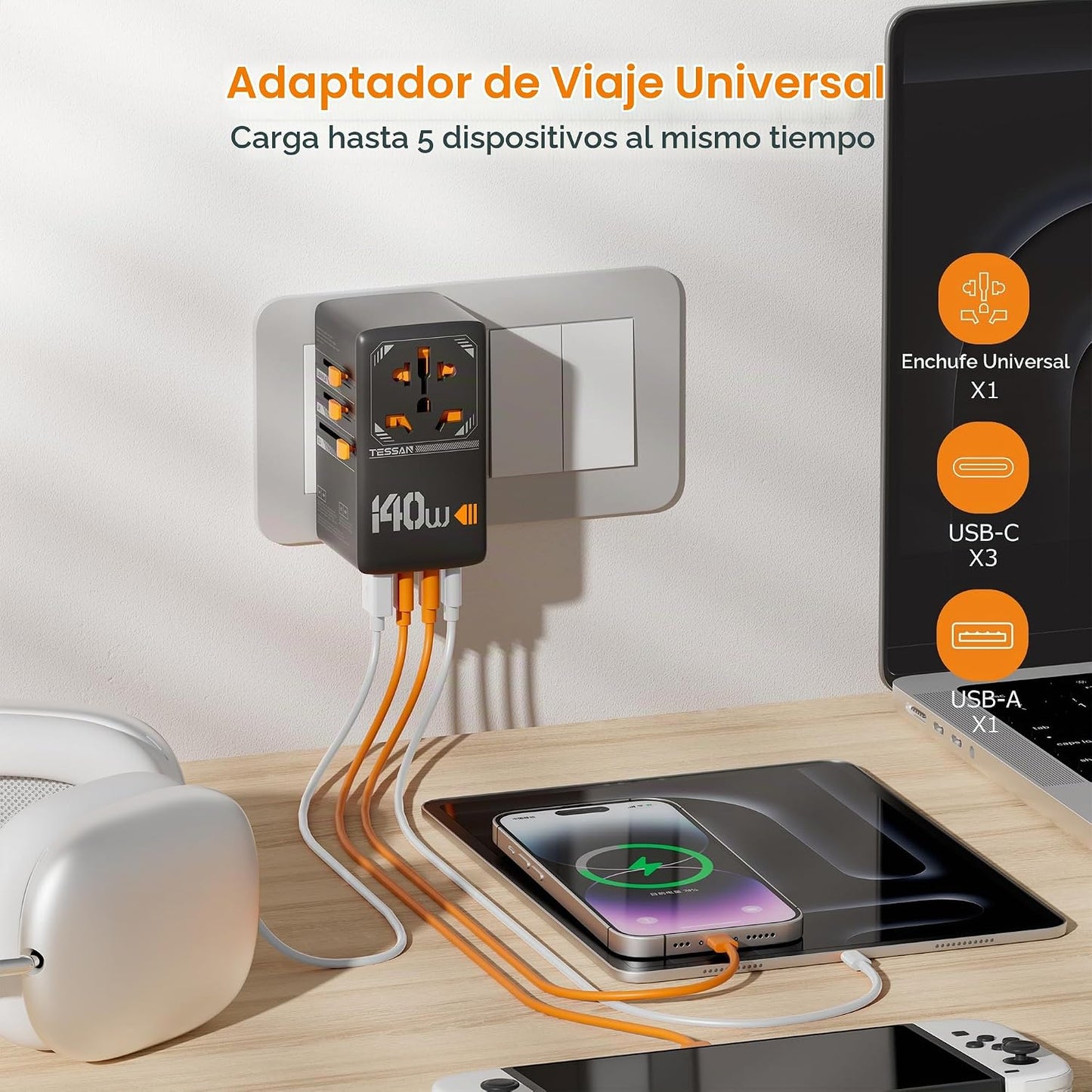 TESSAN Adaptador de viaje universal, 140 W GaN, negro | Adaptador d...
