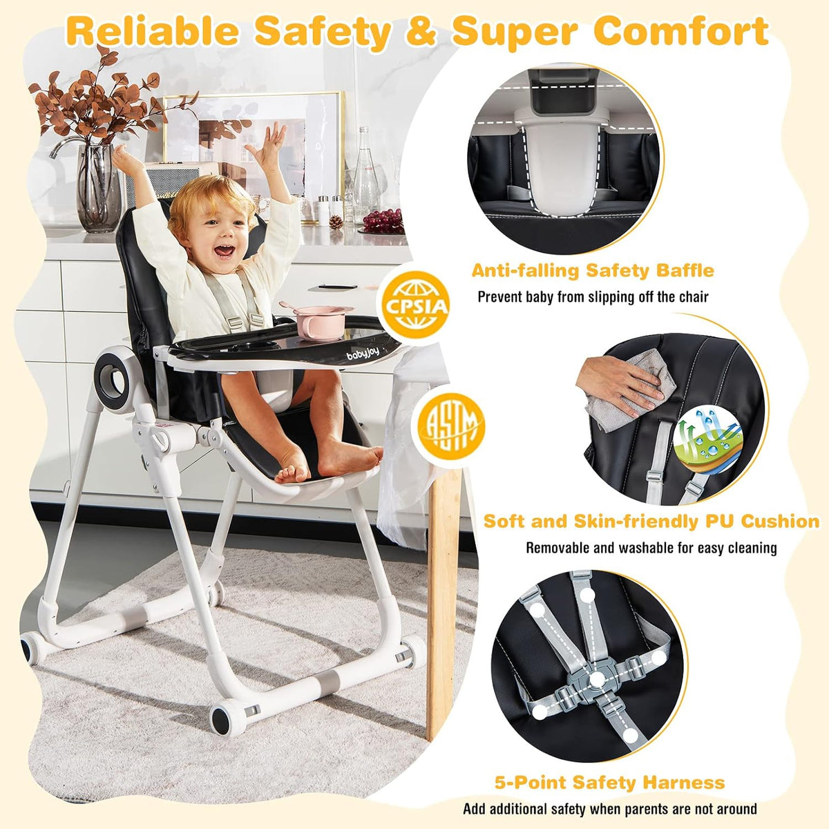 BABY JOY Silla alta para bebés y niños pequeños, silla alta plegabl...