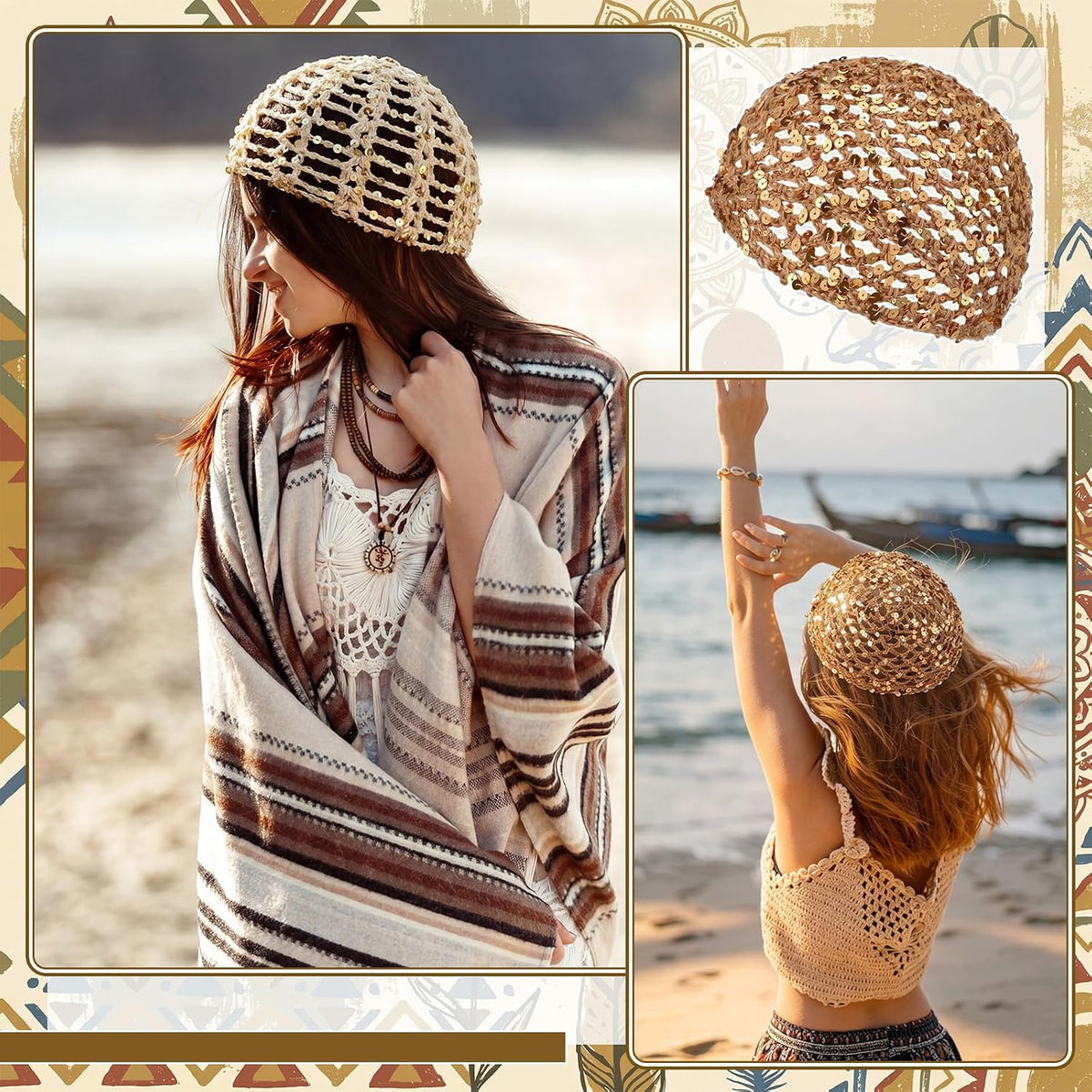 Cuffbow Gorro de ganchillo con lentejuelas brillantes, estilo bohem...