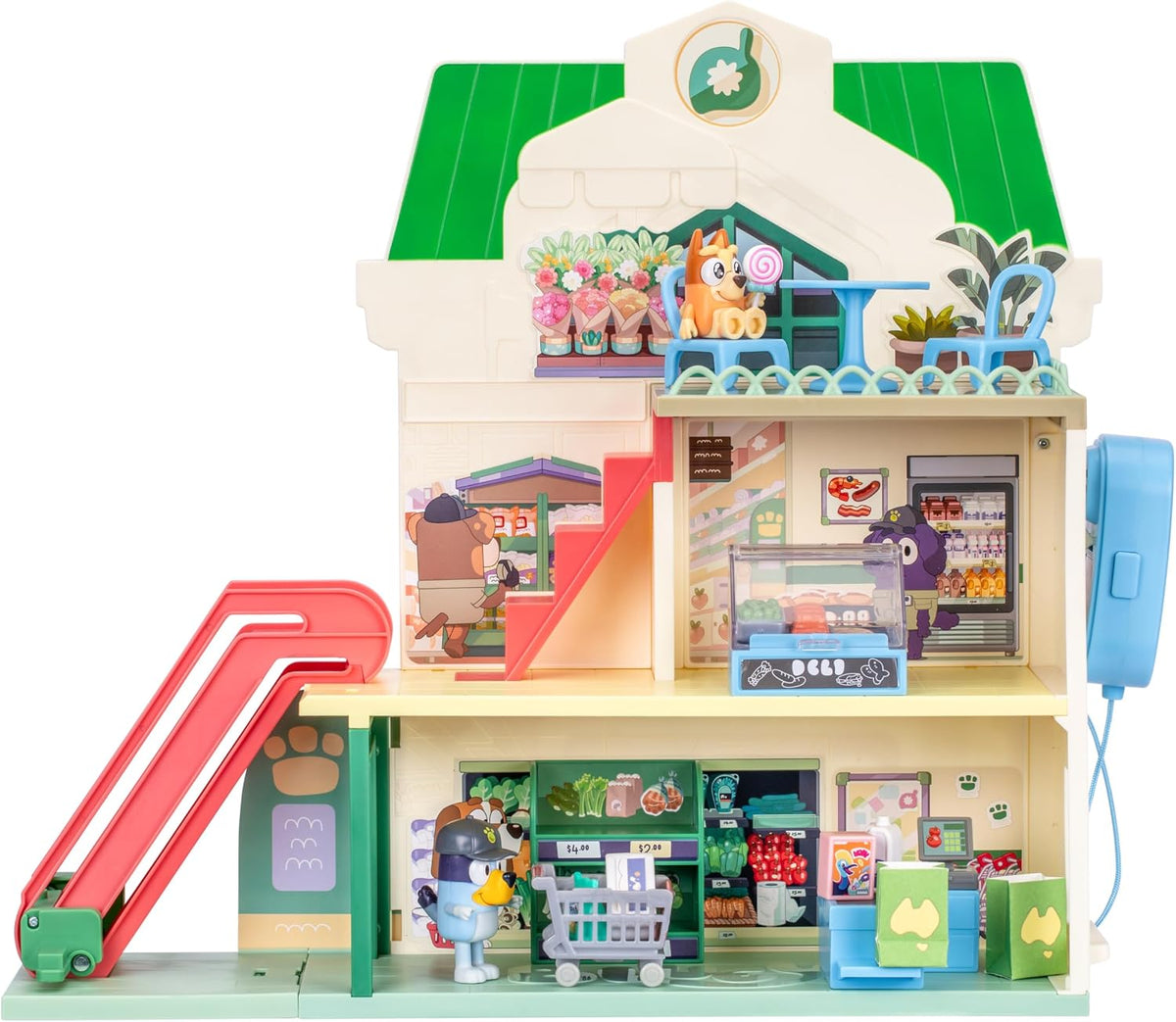 Bluey y juego de supermercado de bingo, escaleras mecánicas y sonid...