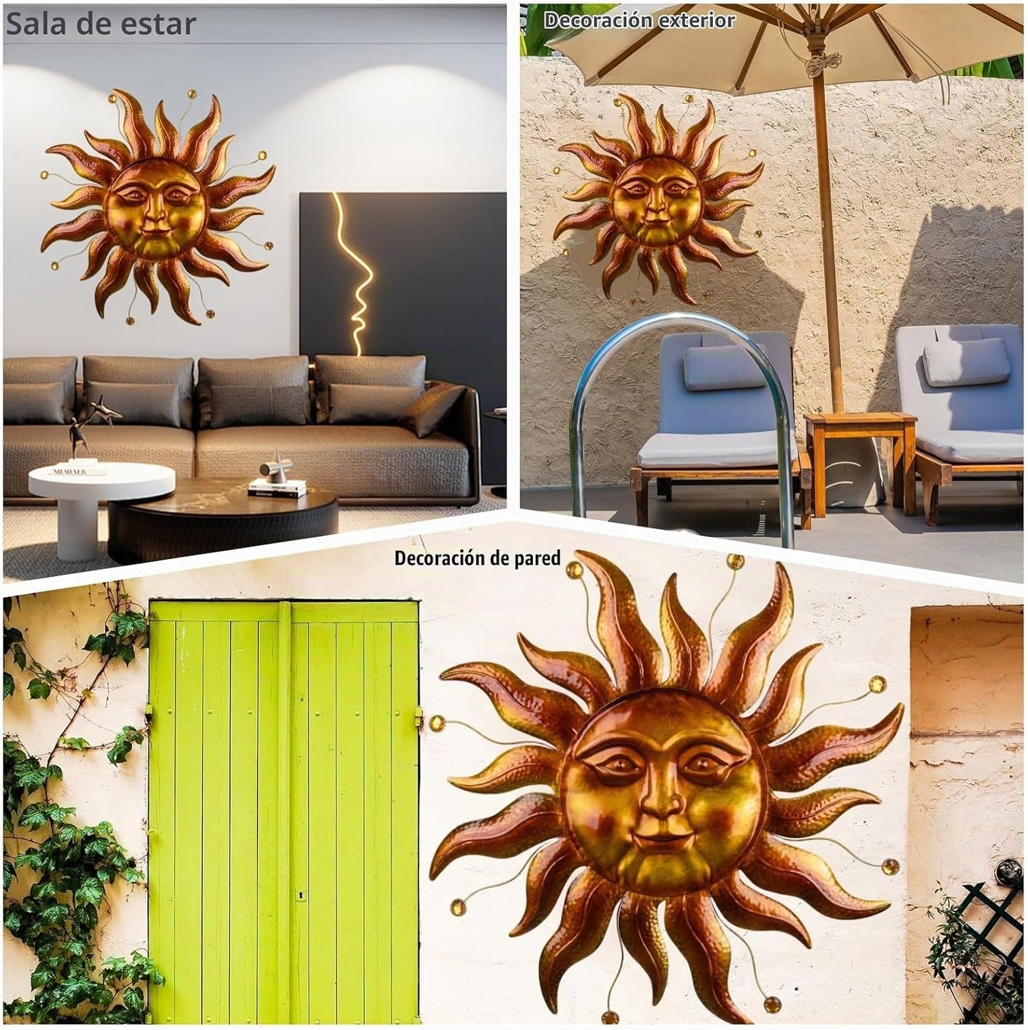 Decoración de pared de sol de metal para exteriores, 26 pulgadas, d...