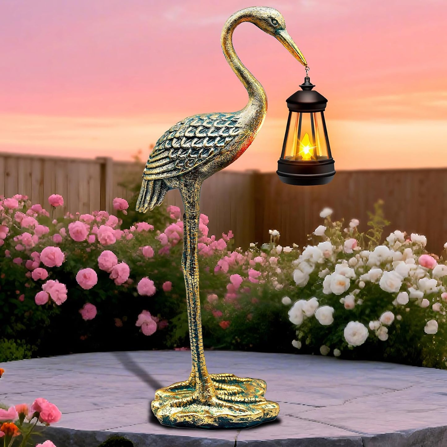 Figura solar de grúa de estatua de jardín, linternas solares colgan...