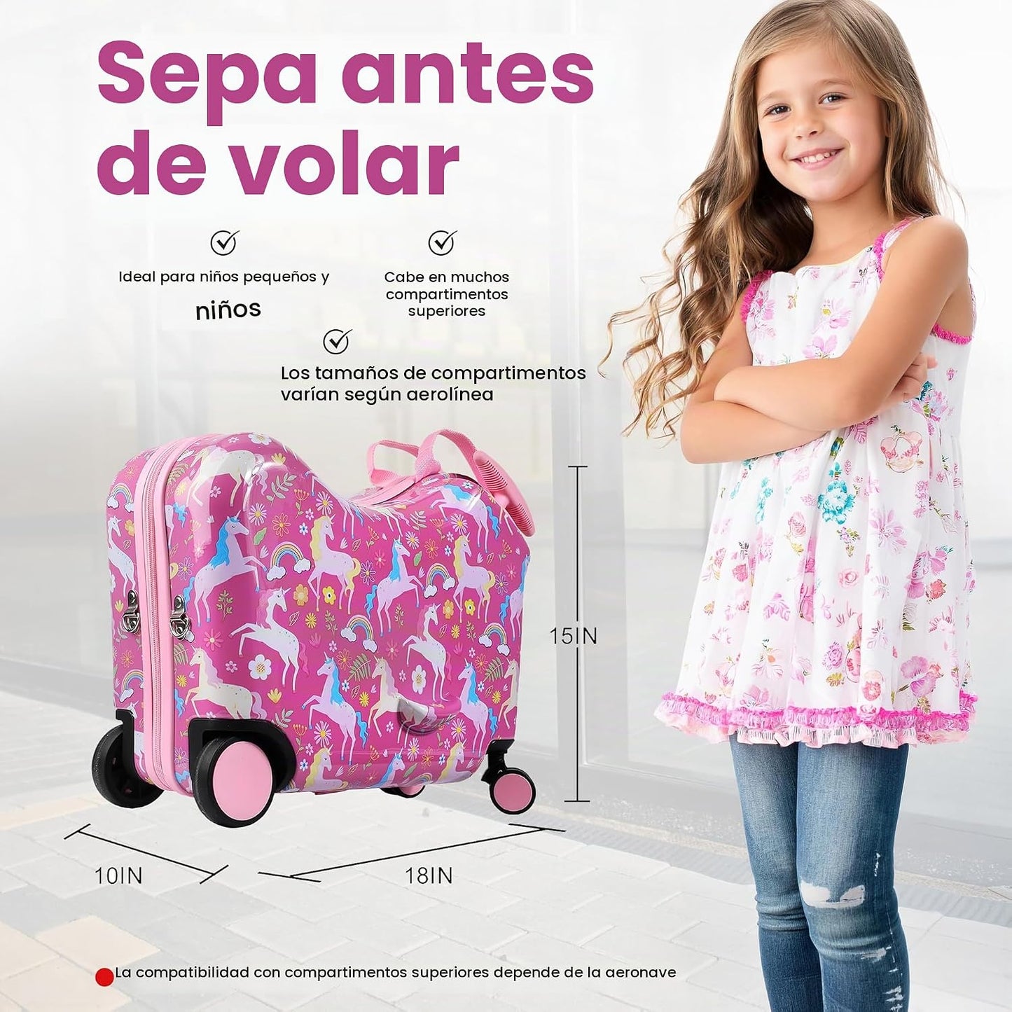 Viggio Maleta de 18 pulgadas con arco iris y unicornios rosa para n...