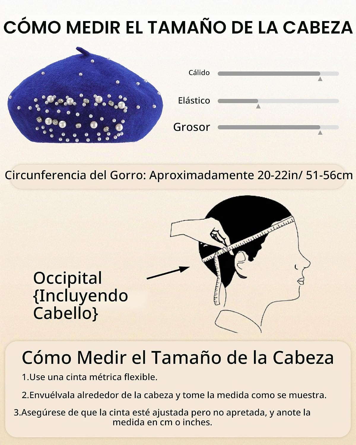 Boina clásica de lana francesa con adornos de perlas y diamantes de...